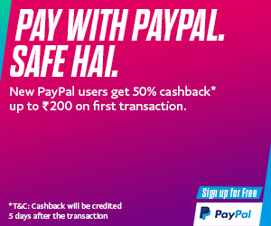 Get upto 50% cash back with PayPal !